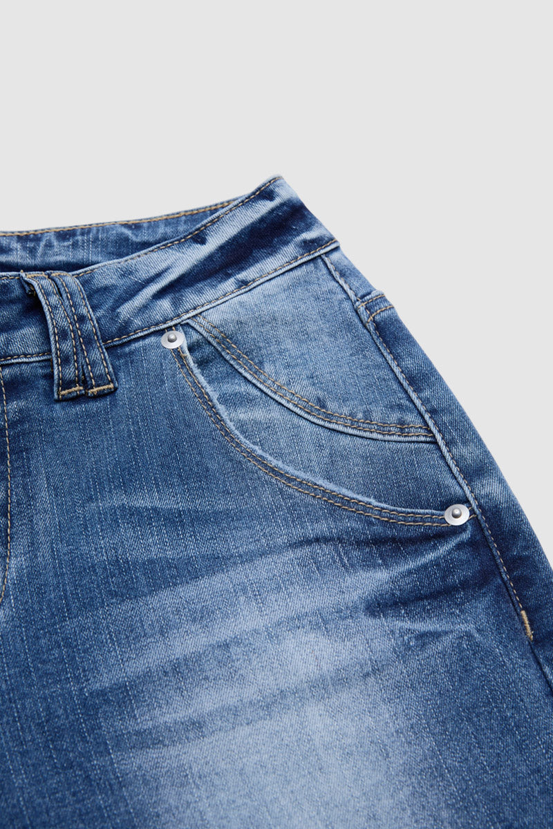 Button Tab Roll Hem Mid Waist Skinny Capri Jeans