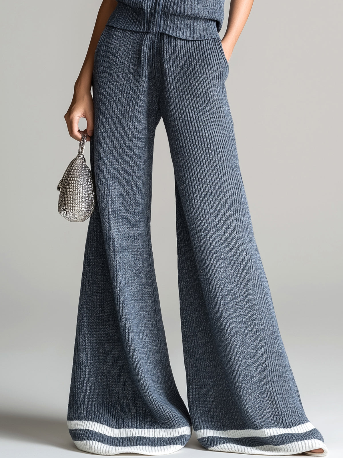 Chic Elegant Gray Stand Collar Zipper-Placket Vest Top Loose-Fit Contrast Stripes Wide-Leg Pants Ribbed Knit Two-Piece Set
