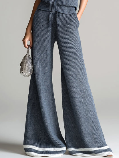 Chic Elegant Gray Stand Collar Zipper-Placket Vest Top Loose-Fit Contrast Stripes Wide-Leg Pants Ribbed Knit Two-Piece Set
