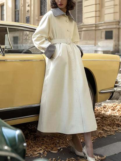 Trench-coat en coton, manches longues, col châle, uni, boutonné, vintage, abricot