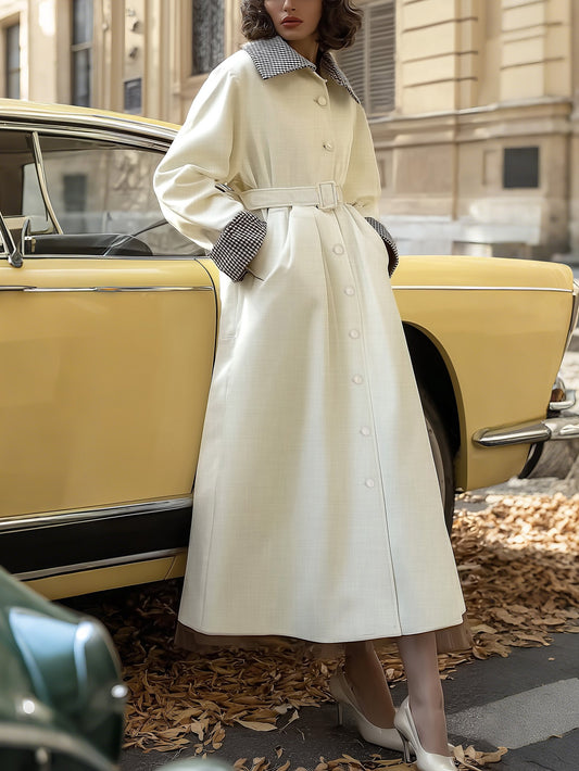 Trench-coat en coton, manches longues, col châle, uni, boutonné, vintage, abricot