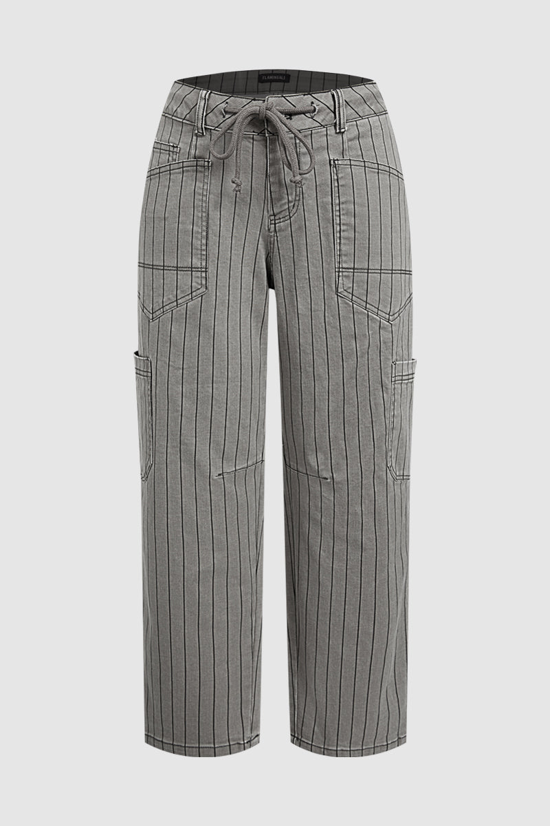Pinstriped Drawstring Side Pocket High Waist Straight Leg Cropped Pants