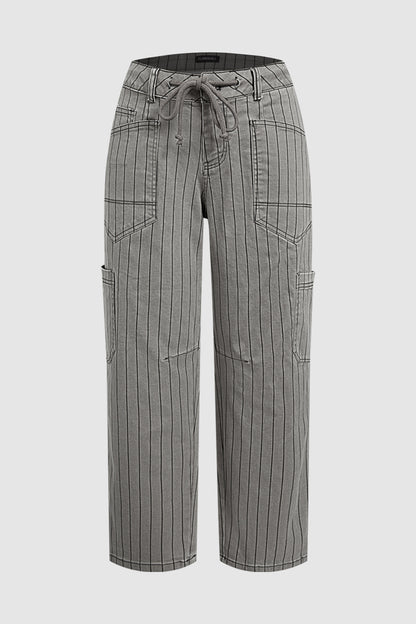 Pinstriped Drawstring Side Pocket High Waist Straight Leg Cropped Pants