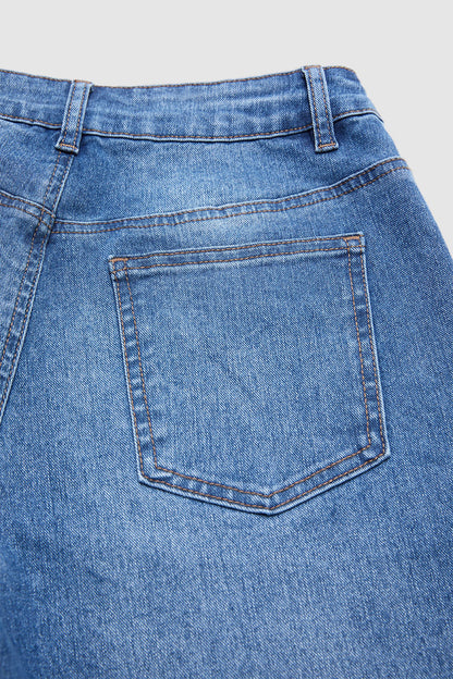 Wash Side Button Detail Split Mid Waist Wide Leg Jeans Without Belt