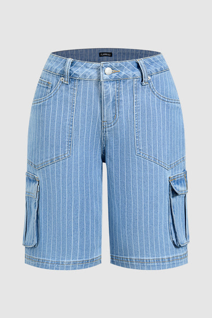 Pinstriped Flap Pocket High  Waist Denim Bermuda Shorts