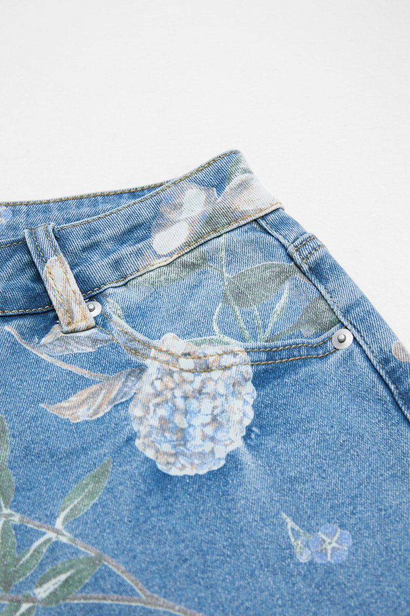 Floral Print Flap Pocket Mid Waist Barrel Leg Capri Jeans