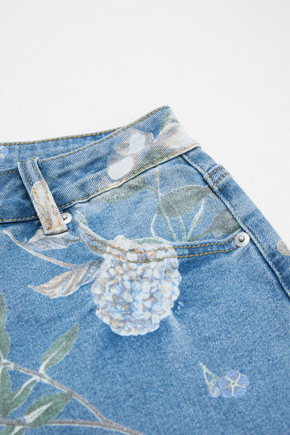 Floral Print Flap Pocket Mid Waist Barrel Leg Capri Jeans