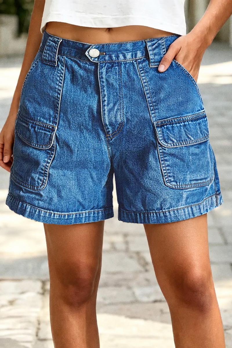 Wash Flap Pocket Mid Rise Denim Shorts