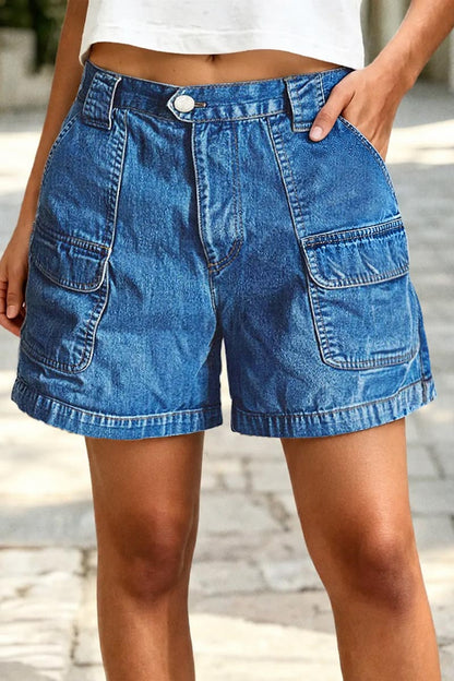 Wash Flap Pocket Mid Rise Denim Shorts