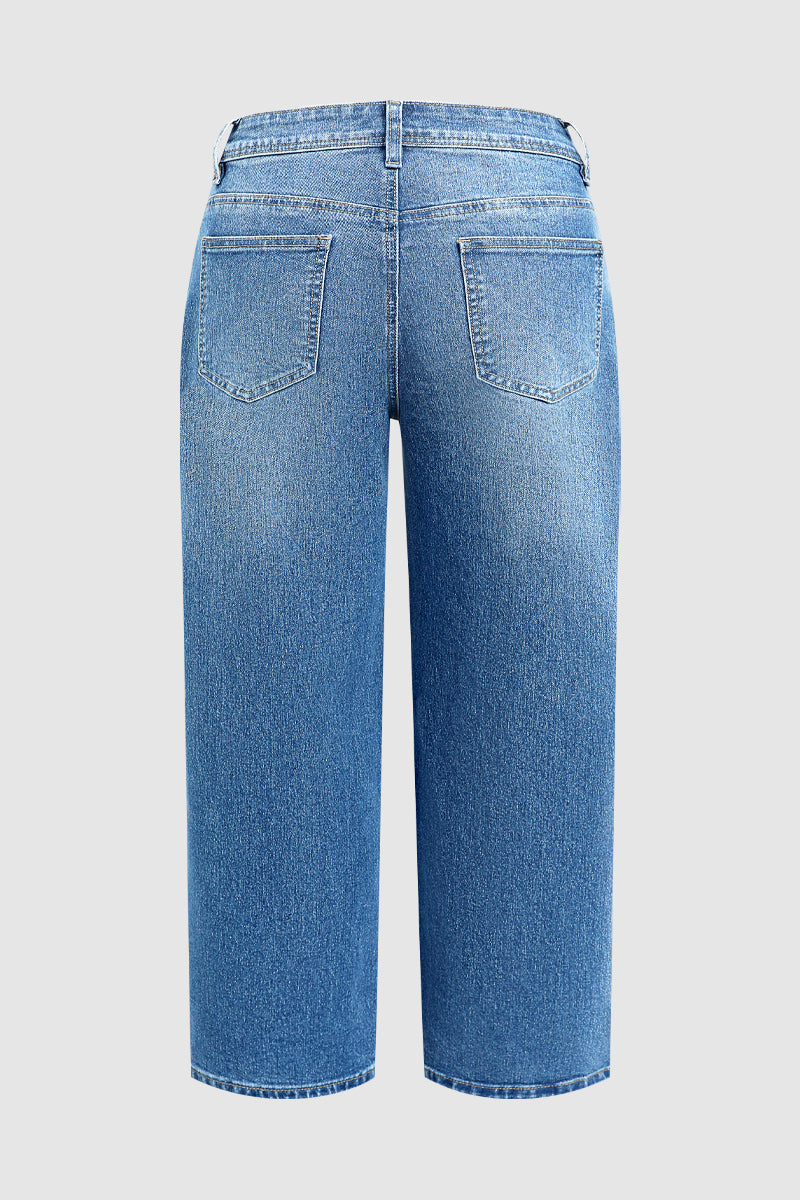 Wash Patch Pocket Mid Rise Straight Leg Crop Jeans