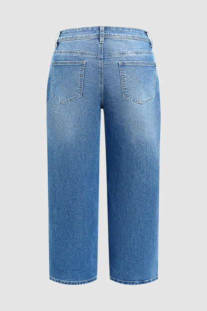 Wash Patch Pocket Mid Rise Straight Leg Crop Jeans