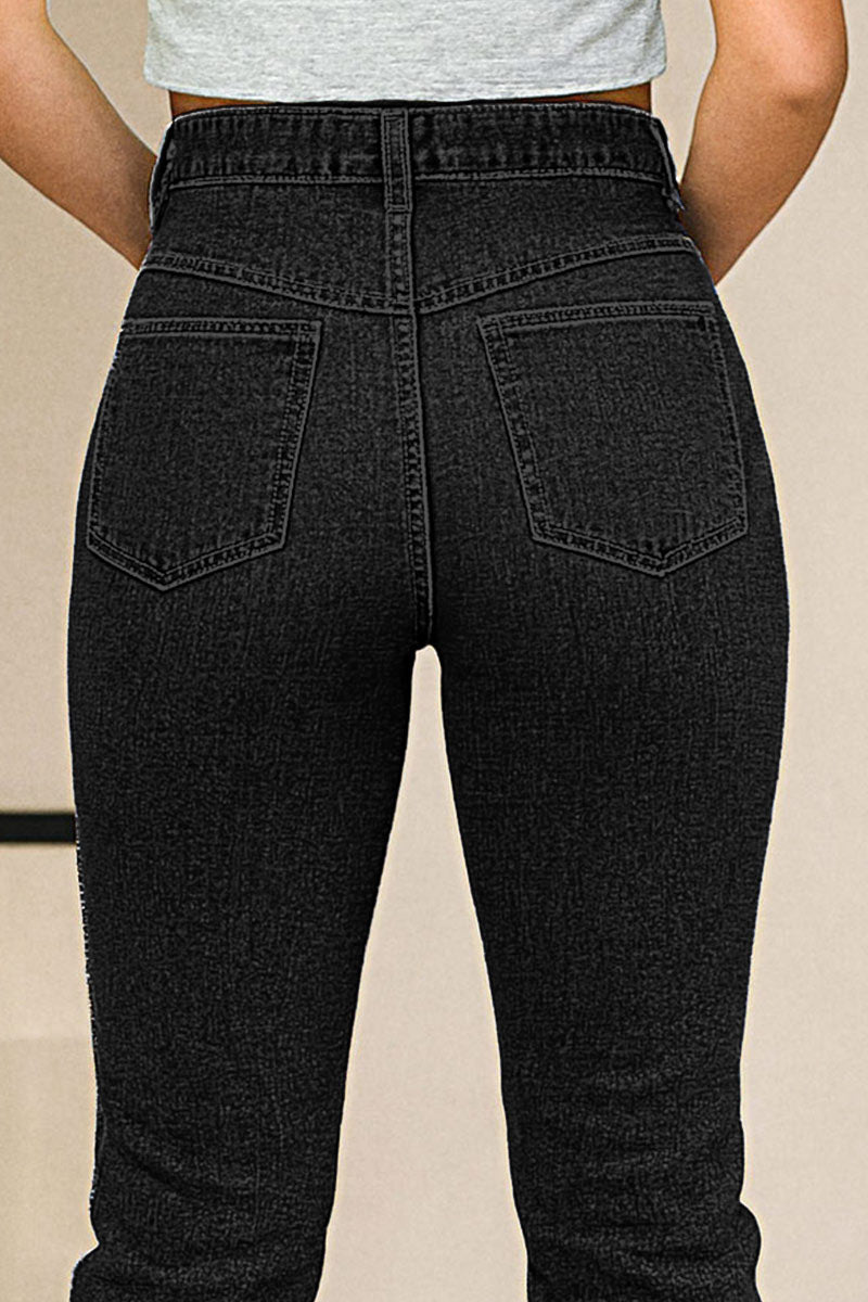 Wash Stitch Detail Button Up High Rise Bootcut Jeans