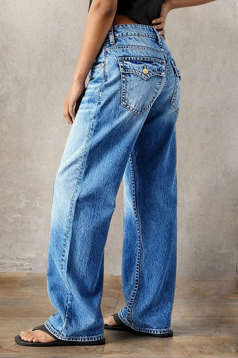 Stitch Detail Mid Waist Straight Leg Jeans