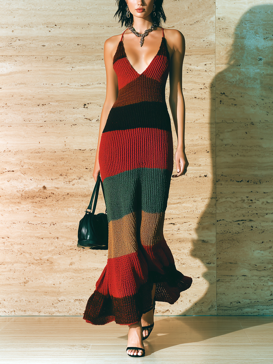 Chic Elegant Red Striped V-Neck Strappy Sleeveless Ribbed Knit Maxi Dress