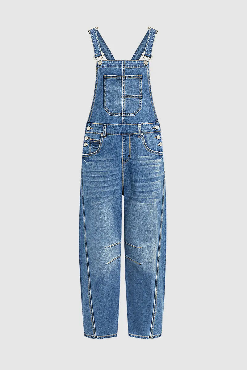 Stitch Detail Button Side Barrel Leg Denim Crop Overalls