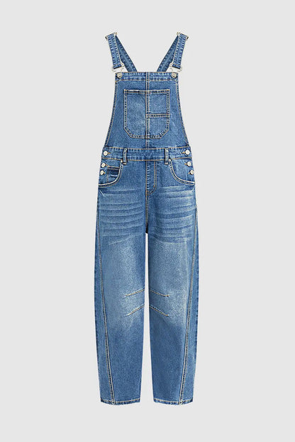Stitch Detail Button Side Barrel Leg Denim Crop Overalls