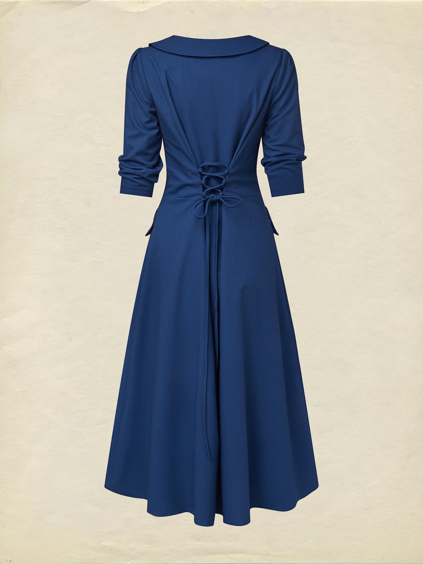 Robe midi en lin, manches courtes, col châle, unie, boutonnée, style vintage, bleu foncé