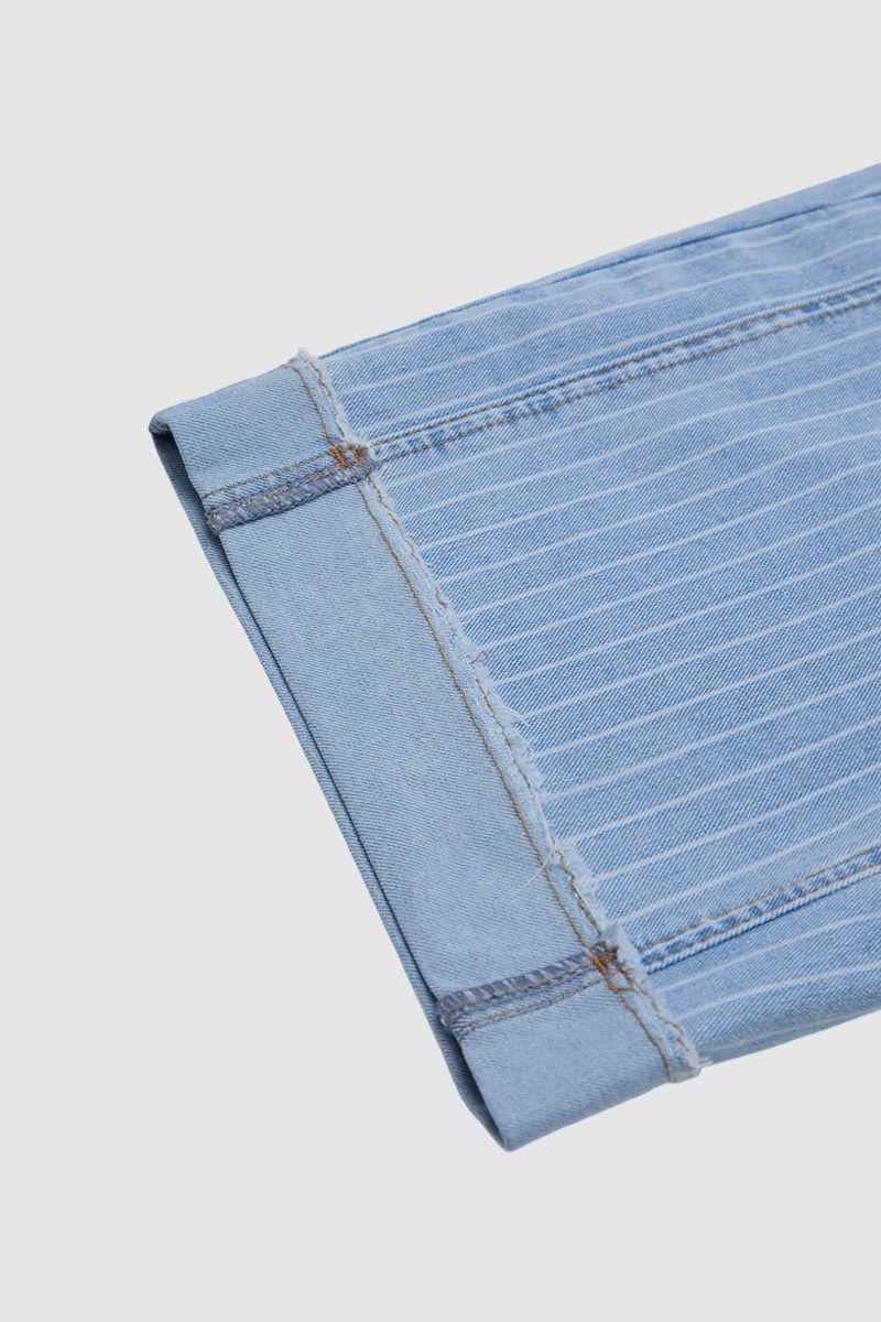 Pinstriped Raw Hem Seam Detail High Waist Denim Bermuda Shorts Without Belt