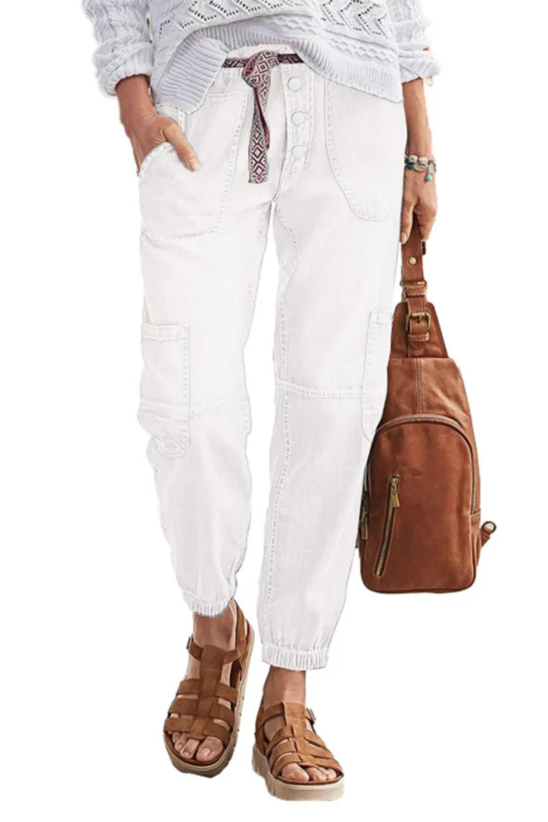 Multi Pocket Button Fly Mid Rise Straight Leg Crop Jeans Without Belt