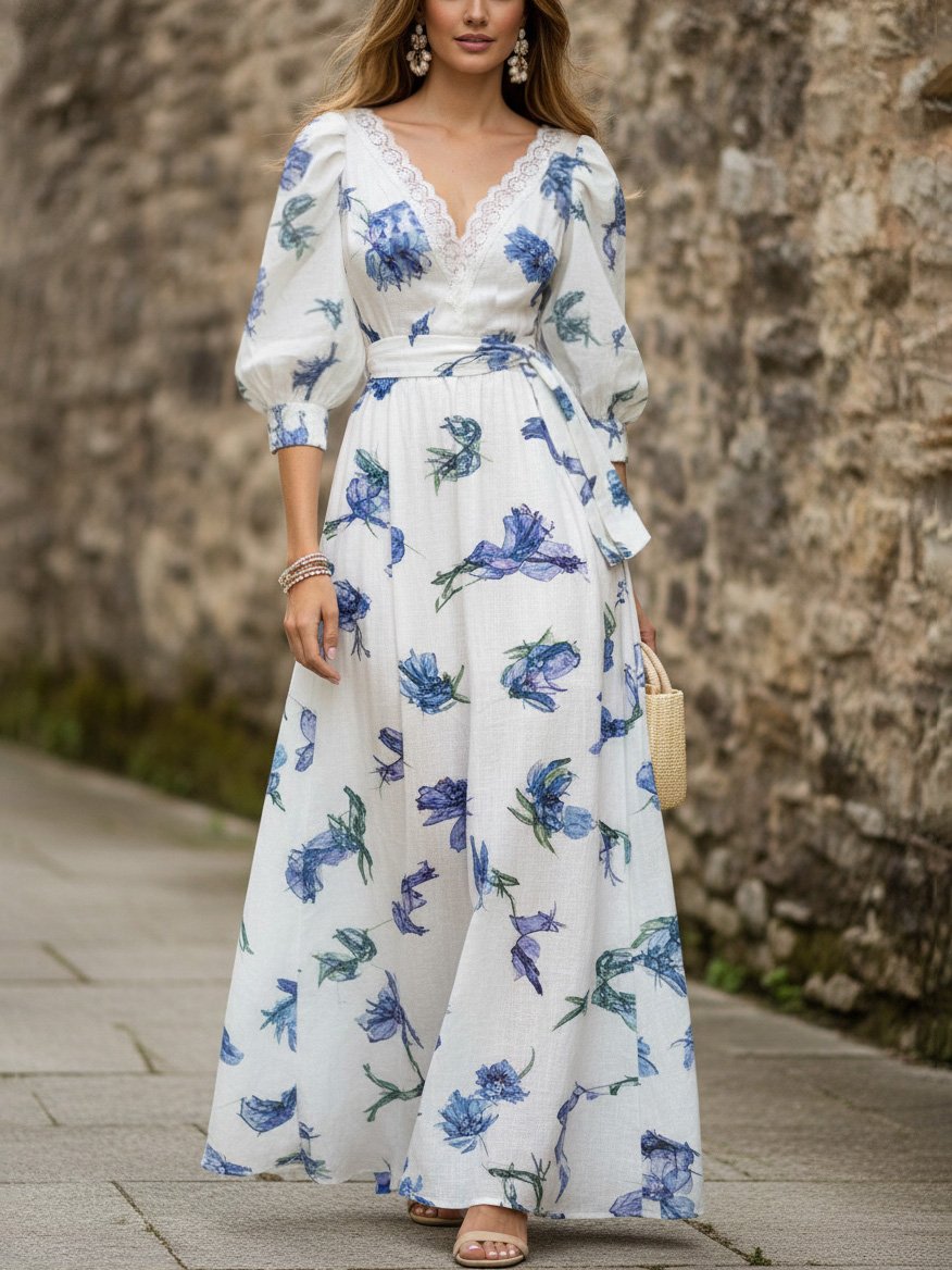 Robe longue en lin, Manches courtes, Col V, Fleurie, Dentelle, Vacances, Vintage, Bleue