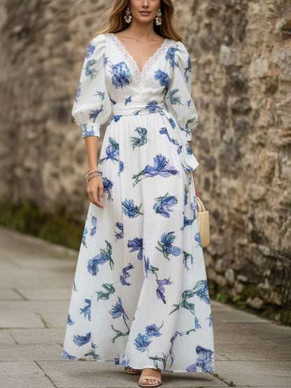 Robe longue en lin, Manches courtes, Col V, Fleurie, Dentelle, Vacances, Vintage, Bleue