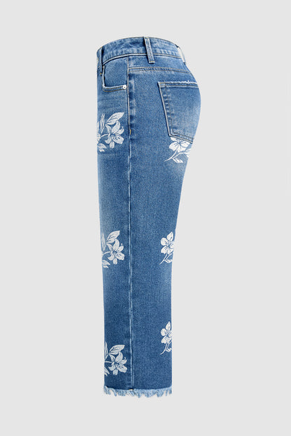 Floral Print Raw Hem Mid Waist Straight Leg Crop Jeans