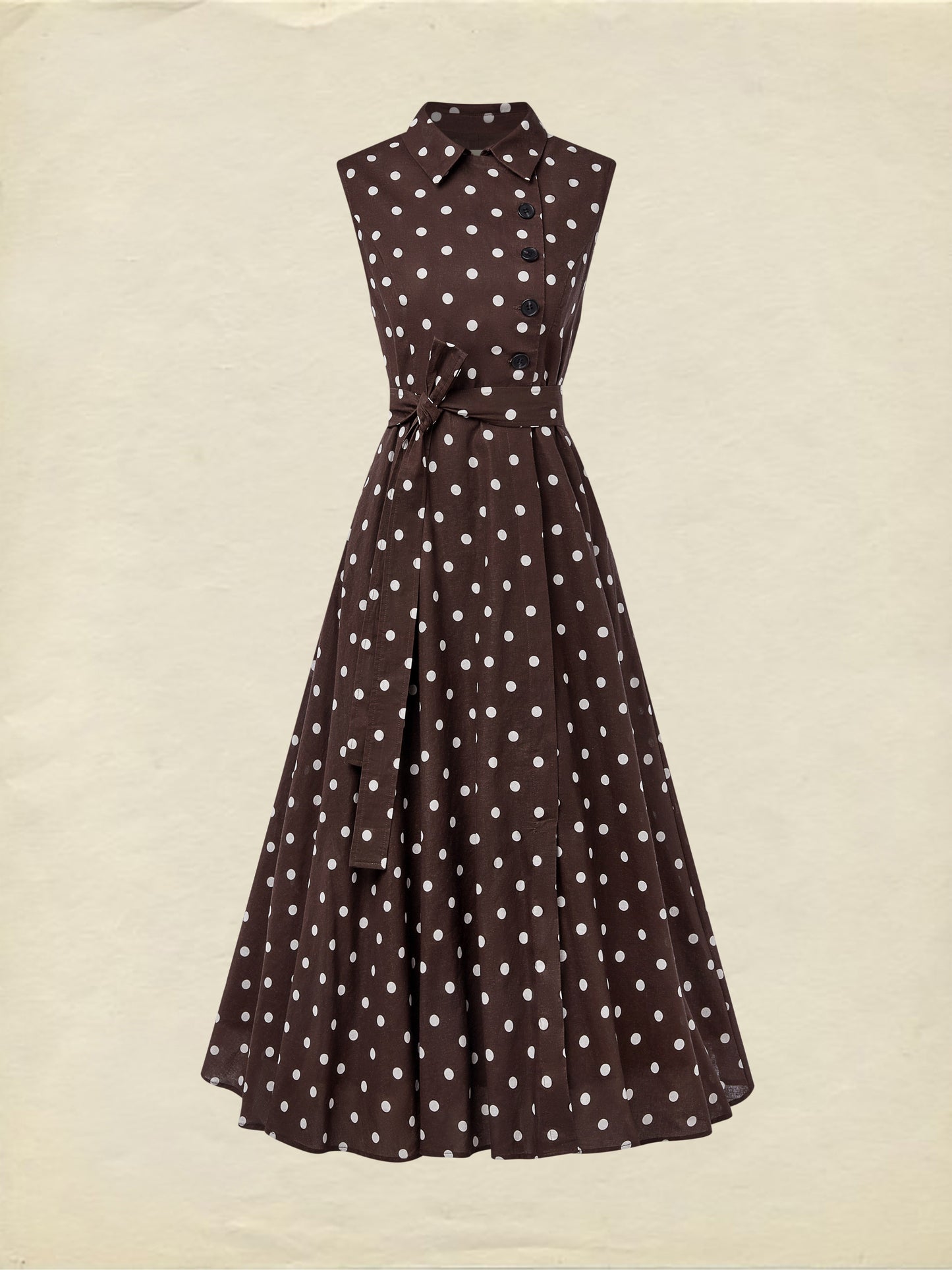 Robe midi en coton, sans manches, col châle, à pois, boutonnée, style vintage français, couleur café