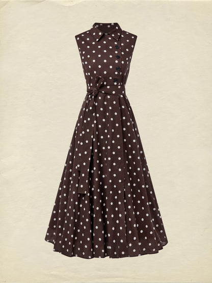 Robe midi en coton, sans manches, col châle, à pois, boutonnée, style vintage français, bleu violacé