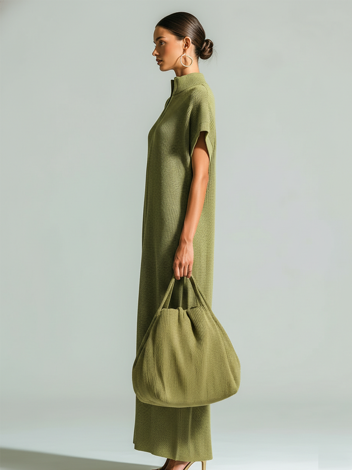 Stylish Elegant Olive Green Stand-Collar Zipper-Front Drop Shoulder Sleeveless Loose-Fit Ribbed Knit Maxi Dress