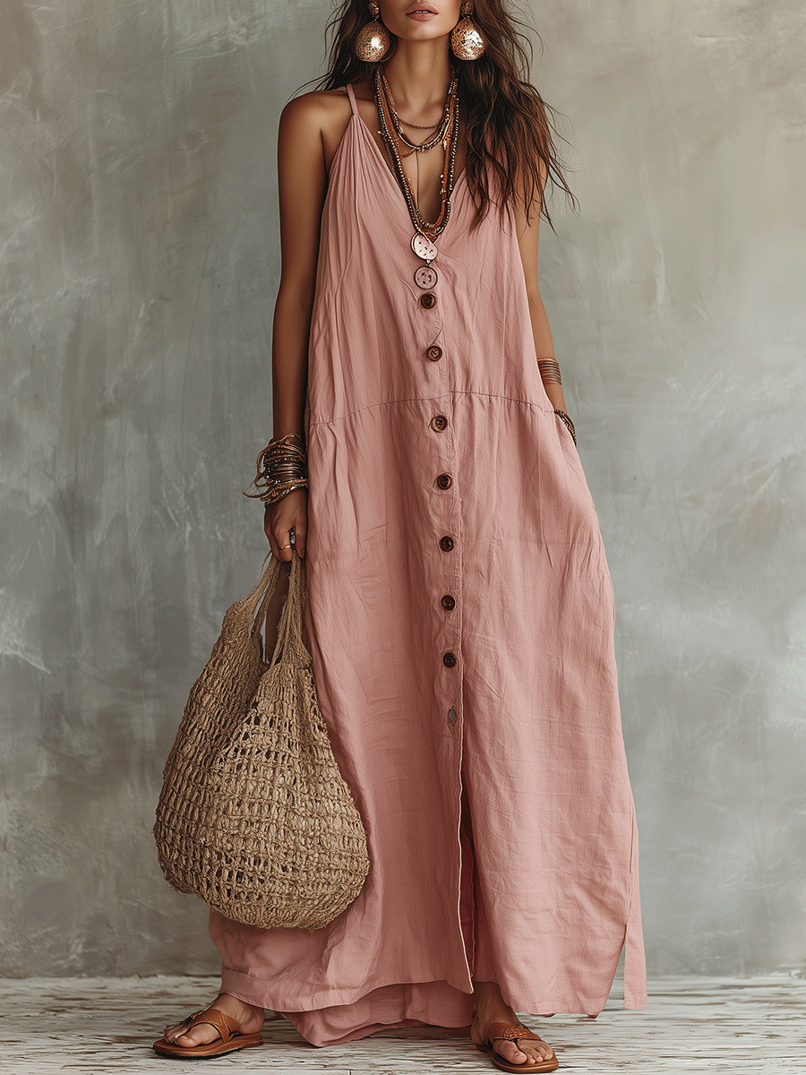 Robe longue fluide bohème boutonnée en lin rose