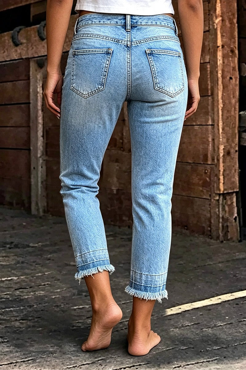 Wash Raw Hem Stitch Detail Mid Waist Straight Leg Cropped Jeans