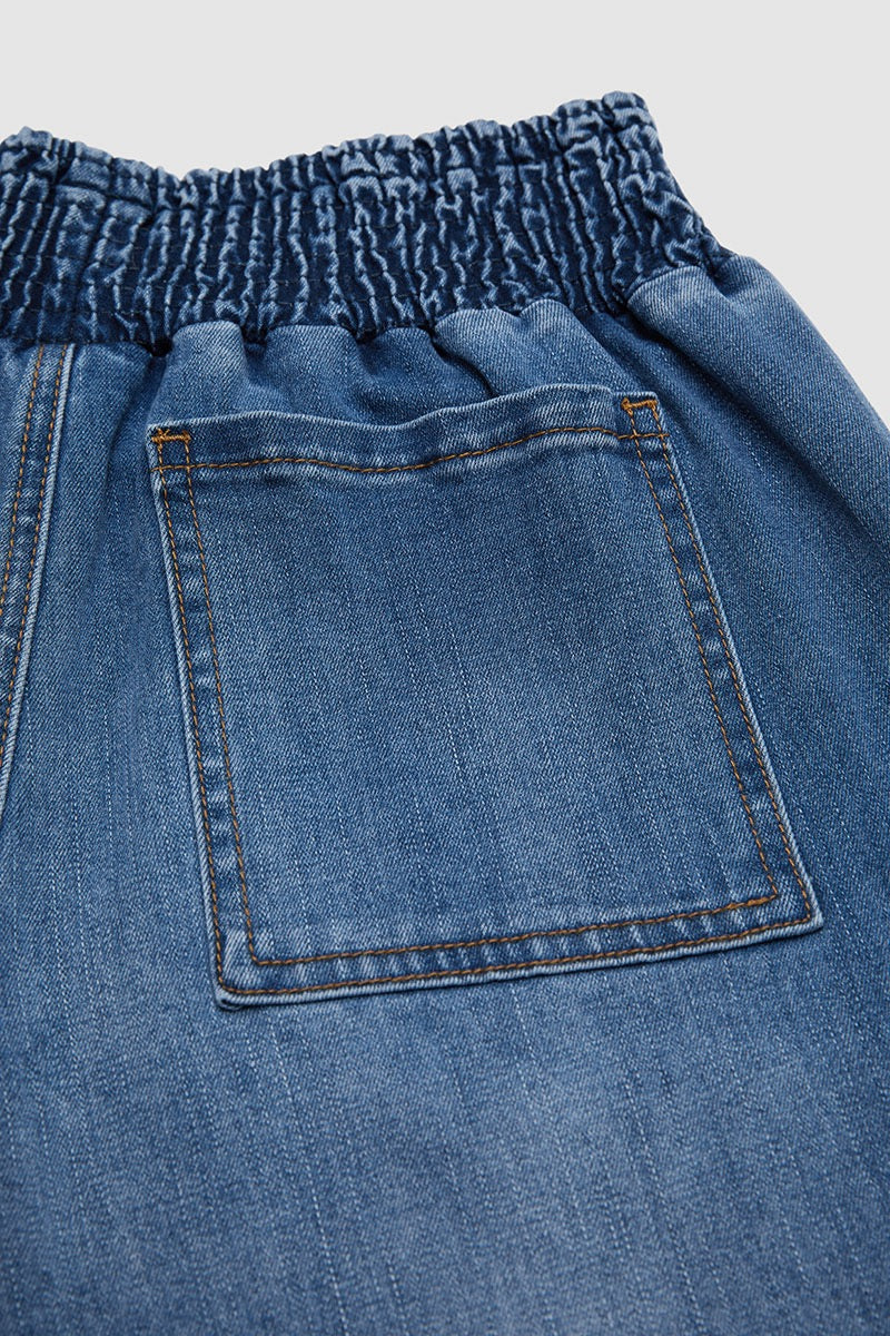 Wash Patch Pocket Tie Front Shirred High Rise Wide Leg Jeans