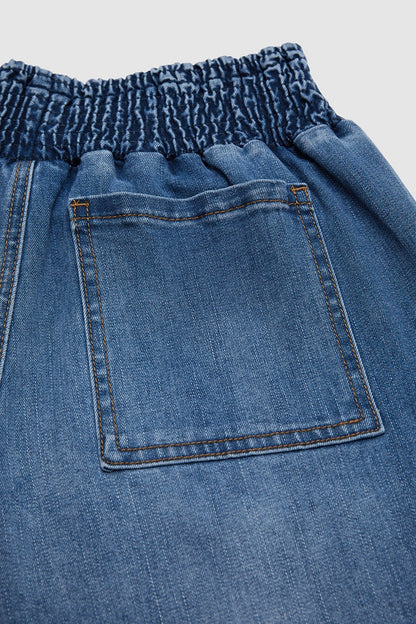 Wash Patch Pocket Tie Front Shirred High Rise Wide Leg Jeans