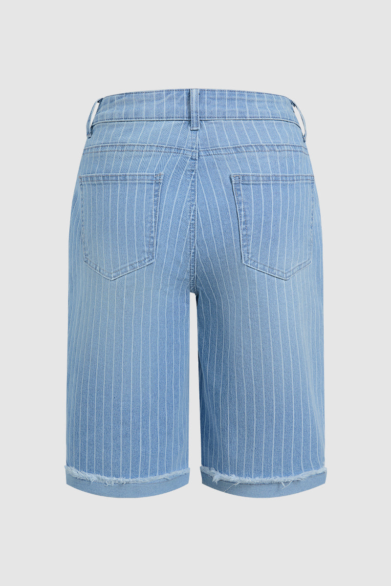 Striped Raw Hem Patch Pocket High Rise Denim Bermuda Shorts Without Belt