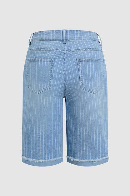 Striped Raw Hem Patch Pocket High Rise Denim Bermuda Shorts Without Belt