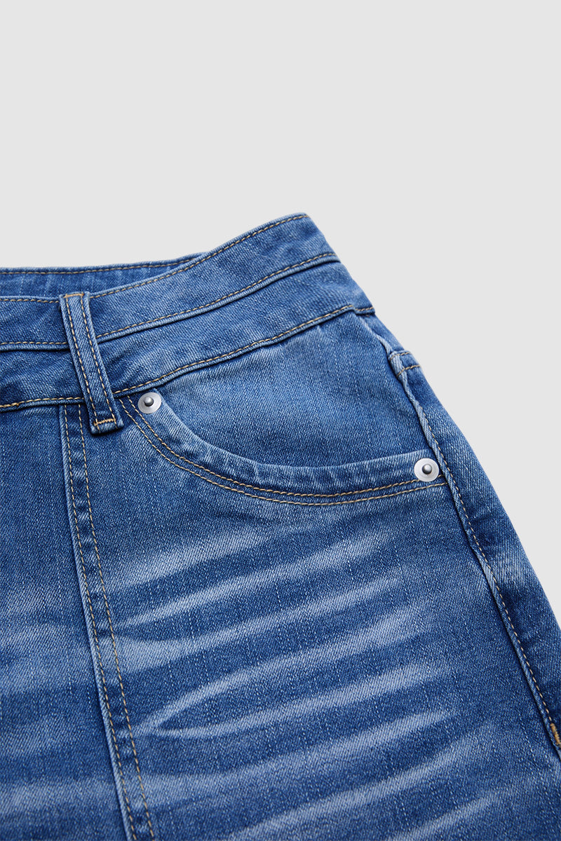 Wash Dual Button Mid Waist Straight Leg Denim Bermuda Shorts