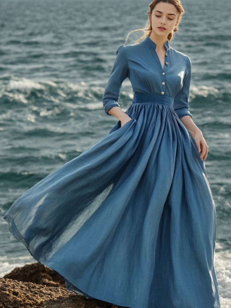 Robe longue en lin, manches longues, col montant, boutonnée, style cottagecore, mélange de lin, bleue