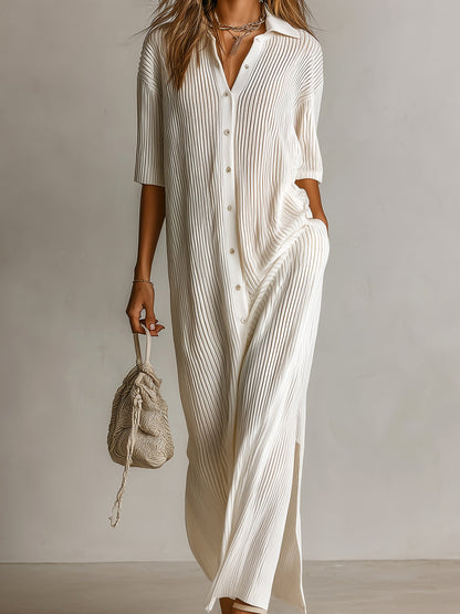 Chic Elegant Cream White Lapel Collar Single-Breasted Short-Sleeve Loose-Fit Side-Slit Ribbed Knit Maxi Dress