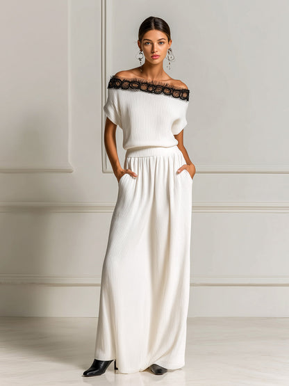 Chic Elegant White Off The Shoulder Contrast Lace Details Loose-Fit Top And Elastic Waist Maxi Skirt Ribbed Knit Two-Piece Set