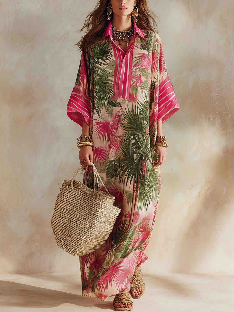 Robe longue à imprimé floral tropical rose et vert