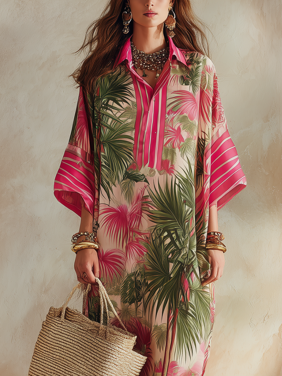 Robe longue à imprimé floral tropical rose et vert