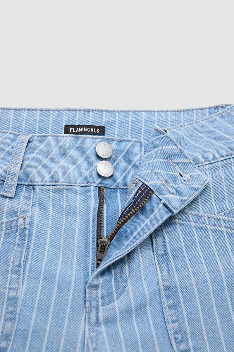 Pinstriped Roll Hem Mid Waist Denim Mid Thigh Shorts