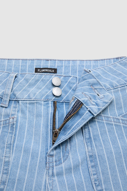 Pinstriped Roll Hem Mid Waist Denim Mid Thigh Shorts