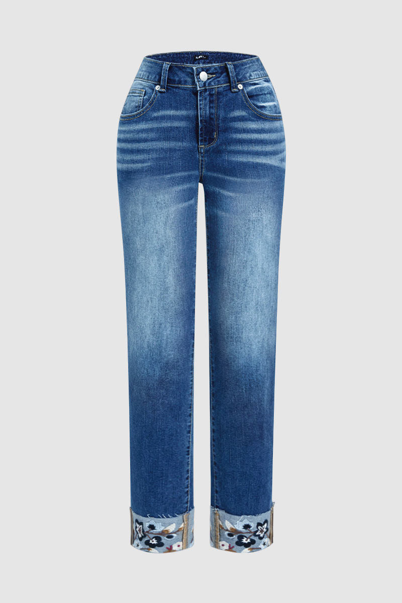 Roll Hem Floral Embroidery Mid Waist Straight Leg Crop Jeans