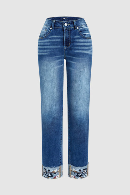 Roll Hem Floral Embroidery Mid Waist Straight Leg Crop Jeans