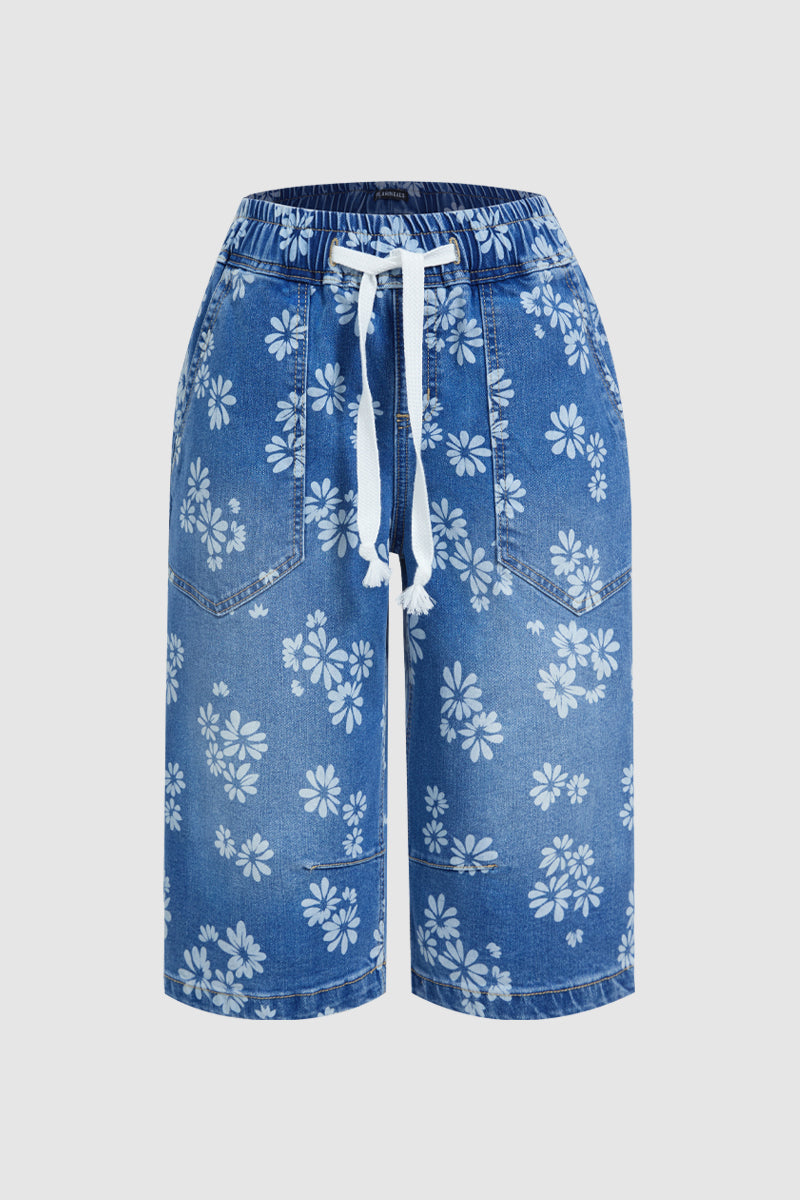 Floral Print Drawstring Mid Waist Denim Bermuda Shorts