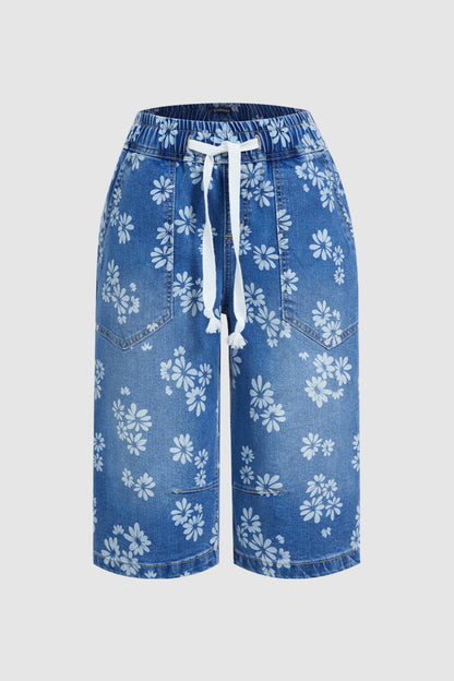 Floral Print Drawstring Mid Waist Denim Bermuda Shorts