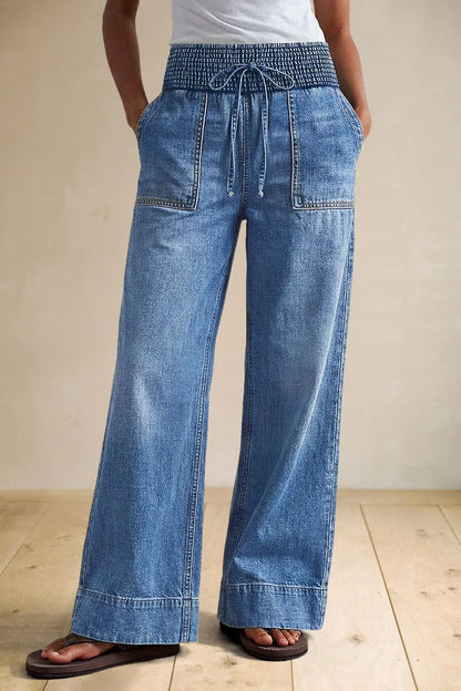Wash Patch Pocket Tie Front Shirred High Rise Wide Leg Jeans