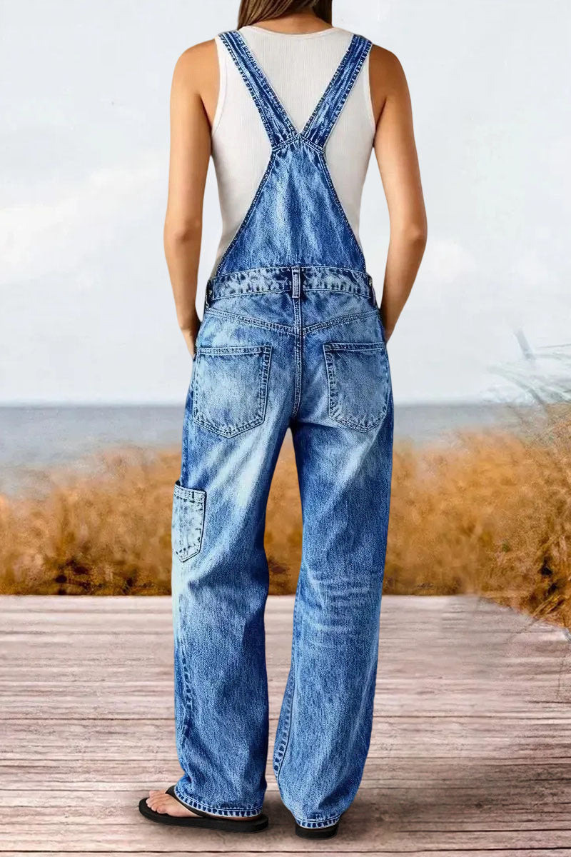 Wash Multi Pocket Mid Waist Straight Leg Overalls