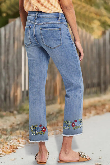 Wash Embroidery Raw Hem Mid Rise Crop Jeans